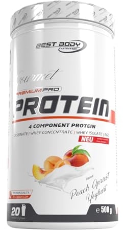 Best Body Nutrition Gourmet Premium Pro Protein, boîte de abricot et pêche, Shake protéiné à 4 composants: Caséinate, concentré de whey, isolat de whey, protéine d'œuf, boîte de 500 g