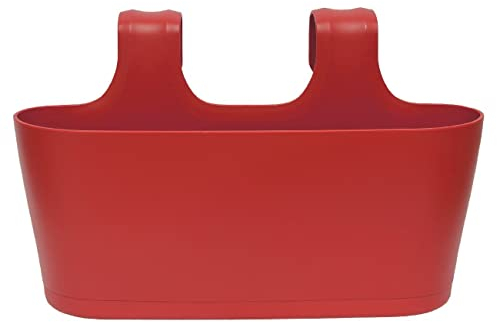 ENGELLAND 1 x Blumenkasten zum Auf-Hängen, Farbe: Rot, Blumentopf, oval, Balkon, Übertopf, Pflanzkasten, mit Wasserspeicher/Wasserauffangschale