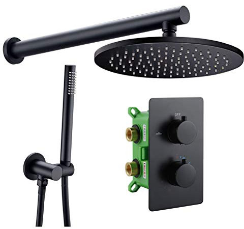 Duscharmatur mit Thermostat Schwarz Matt, Unterputz Duschsystem aus Massivem Messing Set Ventil Verdeckte Thermostat Mit Zweiwege Regendusche Mit Duschkopf Und Duschschlauch,12 inch
