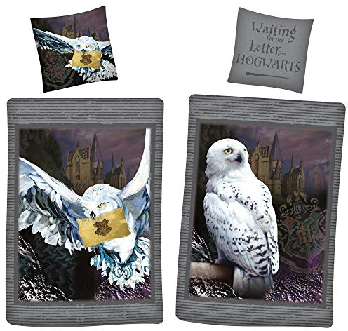 Harry Potter Wende-Bettwäsche Hedwig Eule 135 x 200 + 80 x 80 cm 100% Baumwolle Renforcé-Linon-Qualität mit YKK-Reißverschluss Hogwarts Gryffindor Hufflepuff Ravenclaw Slytherin deutsche Größe