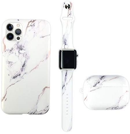 Makzib Matching Case compatible with iPhone 12/12pro,Airpods case pro 3 gen with Watch band Marble design slim Glossy 3 in 1 case (38mm 40mm, Marble White & Gold)