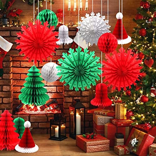 Retro Christmas Decorations Set, 16-Piece Snowflakes, Fan Paper Decorations, Hats, Trees, Honeycomb Balls, Paper Bell