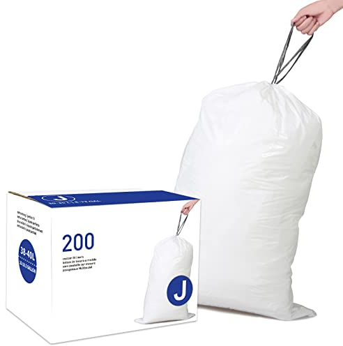 Code J (200 Count) Heavy Duty Trash Bags 1.2 Mil THICK with Reinforced Drawstring 10-10.5 Gallon/38-40 Liter Compatible with simplehuman Code J White Garbage Liners Leak-Proof & Tear Resistant