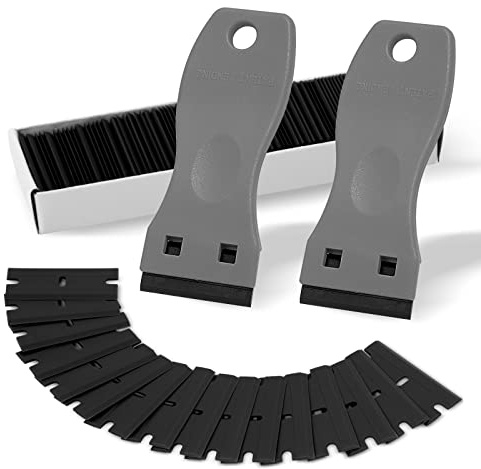 FOSHIO 2PCS Plastic Razor Blade Scraper Tool and 100PCS Plastic Blades for Gasket Remover, Sticker Remover, Labels Decal and Adhesive Remover for Windows and Glass (Grey)