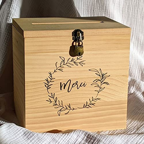TE Whaka Grande urne en bois Merci avec Cadenas | 25x25x20 CM | Urne mariage champetre - Urne Anniversaire, Bapteme, Communion, Retraite | Cagnotte en Bois - Cadeaux invités Mariage