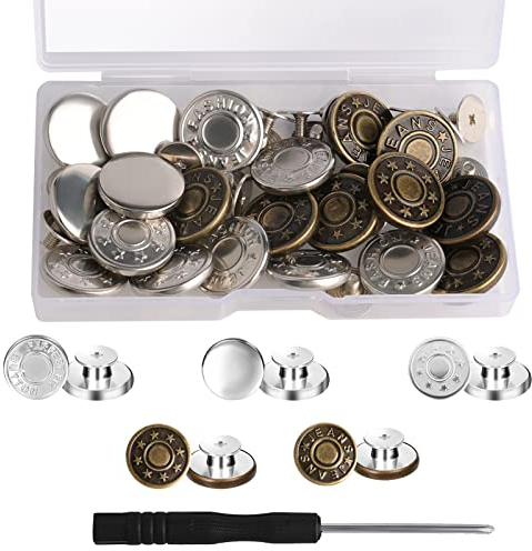 AIEX 20 Pieces 17 mm Replacement Jeans Buttons Seamless Removable Metal Buttons for Clothing Denim Jeans Trousers Bags (Bronze, Silver 5 Models)
