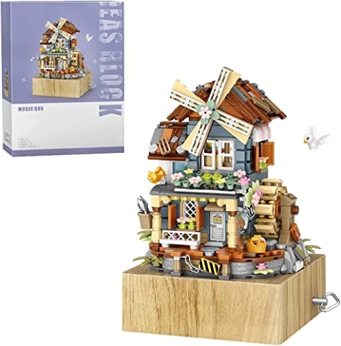 Windmill Music Box Building Blocks, 799 Pieces Street View Architecture Building Blocks Model, Music Box of Windmill House Construction Toy Set for Children Adults
