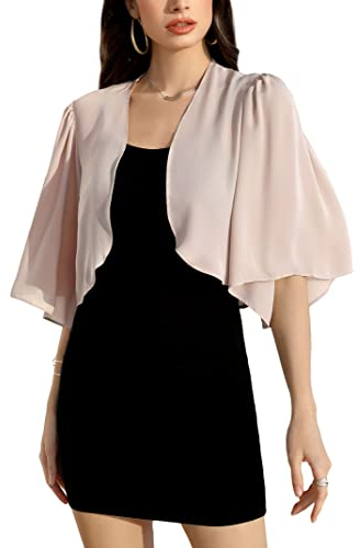 KOJOOIN Frauen Achselzucken Chiffon Kurzarm Front öffnen Bolero Strickjacke Oberbekleidung Schal Abend Hochzeit Kap Hemd Tops