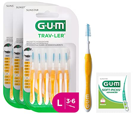 GUM TRAV-LER Professional Interdental Brushes, Bristles with Antibacterial Protection, Coated Wire, Ergonomic Handle, 3 x 6 Pieces (with 1 Free Sample)