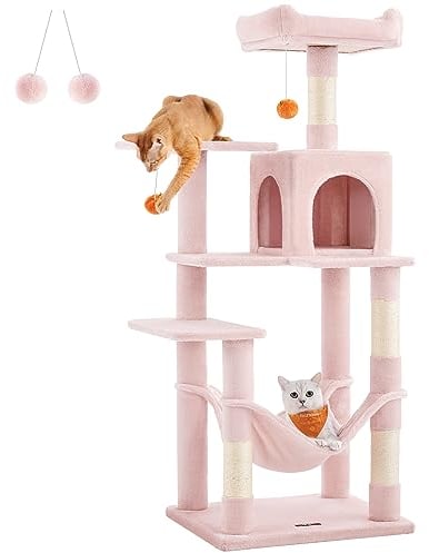 Feandrea Kratzbaum, 143 cm hoch, Katzenbaum, mehrstöckiges Katzenhaus, mit 4 Kratzsäulen, 2 Plattformen, Hängematte, Höhle, pastellrosa PCT161P01