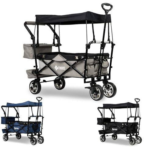 FINOOS Bollerwagen faltbar mit Dach | inkl. 2X 3-Punkt Gurtsystem für 2 Kinder| Handwagen mit PU-Reifen | klappbar | Transportwagen bis 80 kg | Vorder- und Hinter-Bremse + Tragetasche (Grau)
