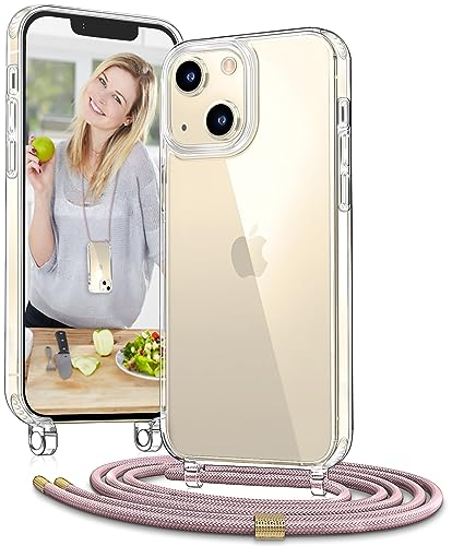 Vaykwo Handykette mit Band für Apple iPhone 13 Mini Hülle - Necklace Handyhülle - Transparente Case zum Umhängen mit Kameraschutz und Bildschirmschutz - Roségold