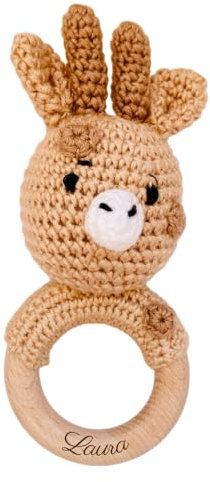 Hochet en crochet pour Bébé personnalisé | Cadeau de Bapteme naissance anniversaire | Cadeau enfant et bébé (Girafe marron) | Anneau de dentition