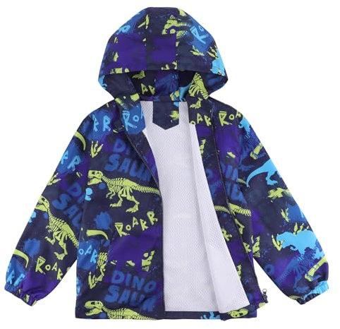 LACOFIA Veste Imperméable Enfant Garçon Veste Coupe Vent à Capuche Blouson de Pluie Léger Doublé de Maille pour Enfant Dinosaure Bleu 3-4 ans