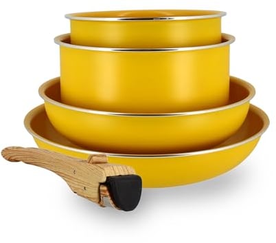MENASTYL - Batterie de cuisine amovible revêtement antiadhésif céramique sans PFAS/PTFE - 2 poêles 22/26cm, 2 casseroles 16/18cm, 1 poignée - Tous feux dont induction – Alu recyclé Safran - 6020588