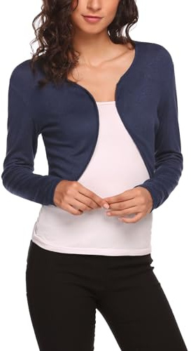 Hotouch Bolero Donna Elegante Coprispalle Giacca Corta con Spalla Maniche Lunghe Cardigan Leggero Shrug con Bottone Estivo Casual Cardigan Blu L