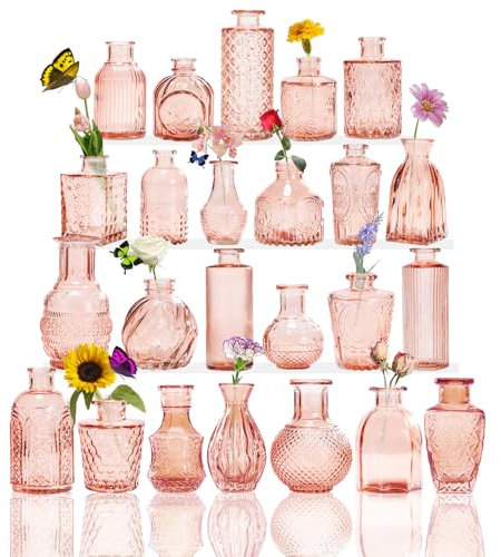 Sawoake Lot de Petits vases en Verre Transparent avec couvercles pour décoration de Table, Mariage, réception, Maison, Bouteilles Vintage (Rose-Orange, 24)