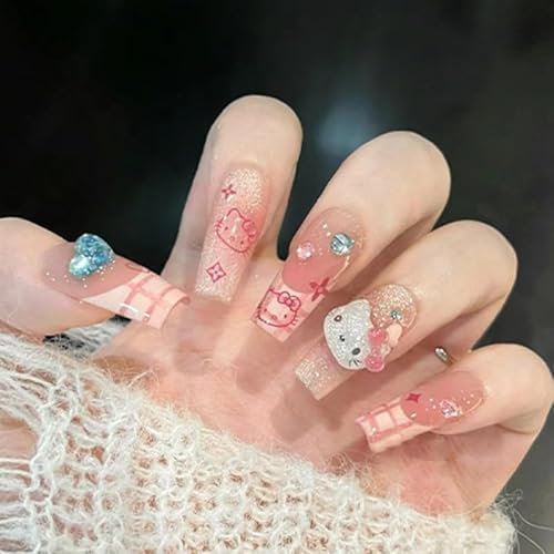 MouyouGlow Press on Nails Mittellang,Ballerina Cute Kawaii Kariert French 3D Kitty Carton Crystal Herz Cat Eye Magnetic Art Fake Nails mit Nagelkleber,Y2K Coquette Künstliche Fingernägel