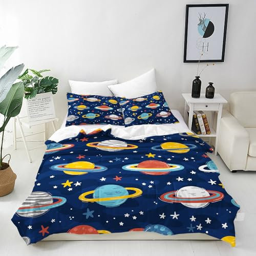 ANHOPE Cartoon Weltraum Planeten Sterne Bettwäsche Set 2 Teilig Weich Bettbezug 135x200 cm & Kissenbezug 80x80 cm Microfaser Bettbezüge Set mit Reißverschluss Ganzjahres Bettdeckenbezug Set