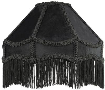Handmade Victorian Empire Pendant Lamp Shade in Shiny Jet Black Velvet with Embroidered Trims and Tassels | 30cm x 19cm | for Pendant Floor or Table Lamp by Happy Homewares