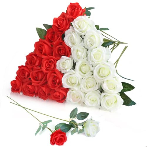 LPREUTWN Lot de 30 roses artificielles rouges et blanches en soie avec longue tige pour bricolage, arrangement de mariage, centre de table, décoration de la maison