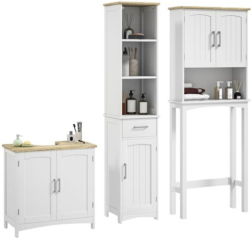 kleankin Conjunto de Baño Incluye 1 Mueble sobre Inodoro 1 Columna de Baño 1 Mueble para Debajo del Lavabo con Estantes Ajustables Sistema Antivuelco Estilo Moderno Blanco