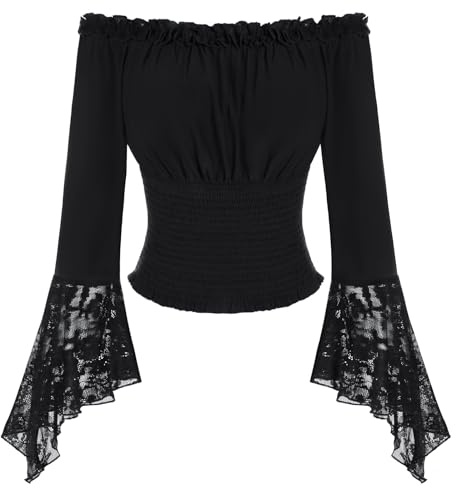 SCARLET DARKNESS Women Pirate Shirt Elastic Waist Off Shoulder Blouse Puff Sleeve Lace Patchwork Victorian Tops Black M