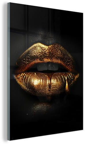 MuchoWow© Glasbild Wall Art Decoration Bilder für die Wand Schlafzimmer | 60x80 cm - Deko Canvas Painting Wanddekoration Wohnzimmer Frau - Lippen - Porträt - Gold - Schwarz