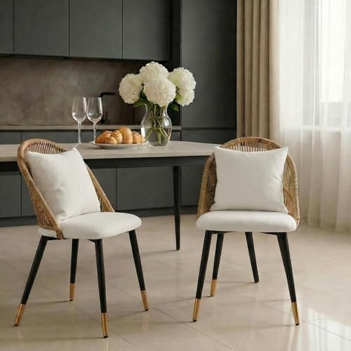 CLIPOP Esszimmerstühle 2er Set, Küchenstuhl aus Rattan, Metall Beine, Beige Leinen Fabric, Esszimmer Stühle mit gepolsterte Sitz, bis 150 kg belastbar, Rattanstuhl für Wohnzimmer Esszimmer