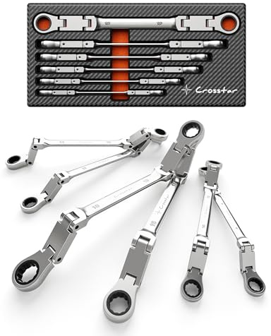 Crosstar 6PCS Double Jointed Extra Long Flex Head Ratchet Wrench Set | 72-Teeth, Cr-V Steel,12-Point, Box End Ratchet Wrenches, Nickel Plating, Magnetic Pickup Tool, Anti-Slip Finish, EVA Foam