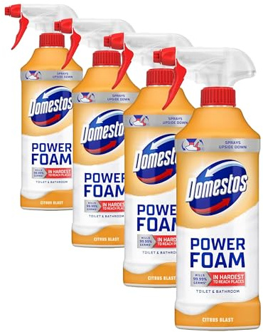 Domestos Power Foam Citrus Blast Toilet & Bathroom Cleaner Spray sprays upside down & eliminates 99.99% of germs* for cleaning inside the toilet & around the bathroom 450 ml (Pack of 4)