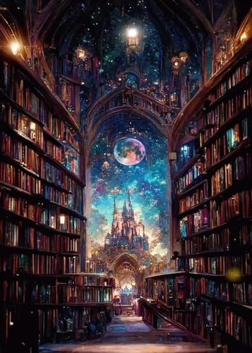 Diamond Painting Adultos 5D Biblioteca Fantasía–Pintura Diamante con Diamantes Brillantes, Cuadro de Diamantes DIY, Kit Pintura Diamante Completo para Adultos, Decoración de paredes del hogar 30×40cm