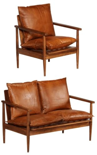 CKioict 2-TLG. Sofagarnitur Braun Echtleder und Massivholz Akazie, Bequeme Luxus Polstergarnitur für Wohnzimmer, Handgefertigtes Vintage Design mit Exzellenter Polsterung
