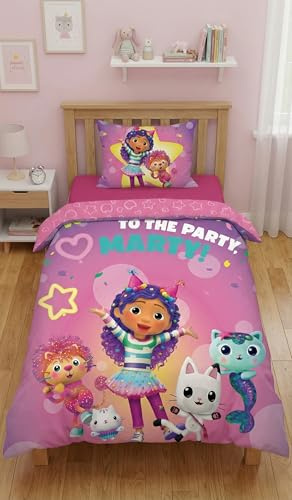 Halantex Bettwäsche für Kinder, Gabby und das Zauberhaus, Bettbezug 140 x 200 cm + Kissenbezug 70 x 90 cm, offizielles Lizenzprodukt, 100 % Polyester, für Einzelbett, Mädchen
