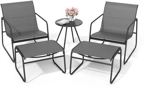 Pamapic Gartenmöbel Set, 5-teiliges Balkonmöbel Set, Bistrotisch mit 2 Stühlen & 2 Hockern, Atmungsaktiver Textilene-Stoff, Bistroset für Garten, Balkon, Veranda, Terrasse, Outdoor, Grau