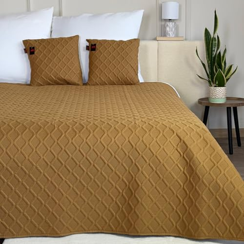Euromat Tagesdecke Steppdecke Bettüberwurf Gesteppte Zweiseitig Tagesdecke mit 2 Kissenbezüge 40x40 cm- (Karamellbraun - Parla 3D, 180x220 cm)
