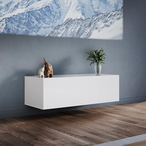 ELEGANT 100cm Floating TV Stand Cabinet Unit with Hinge LED Sensor Light | High Gloss White TV Cabinet with Large Storage Shelves, Modern Wall Mounted TV Cabinets for Living Room, Bedroom