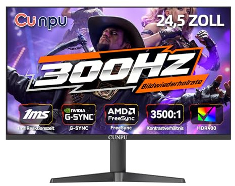 CUNPU Monitor Gaming 24,5 Pollici 300Hz FHD 1080P, compatibile con AMD FreeSync & NVIDIA G-Sync, pannello VA 1ms, HDR400, 100% sRGB, VESA 100x100mm