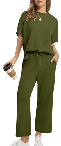 Rayson Tuta Estiva Donna Sportiva con Scollo Rotondo e Ampie Tasche Completo Tuta Donna T-Shirt & Pantaloni Casual per Jogging, Training, Casa, Working(Verde,XL)
