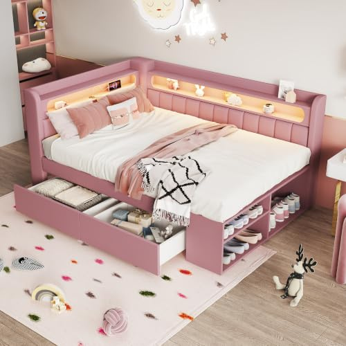 Merax Kinderbett 90x200 cm Tagesbett mit gepolstertem Kopfteil, LED-Ablagefach, Multifunktionsbett mit Schuhschrank, USB-Steckdose und 2 Schubladen, Holzbett mit Lattenrost (Ohne Matratze), Rosa