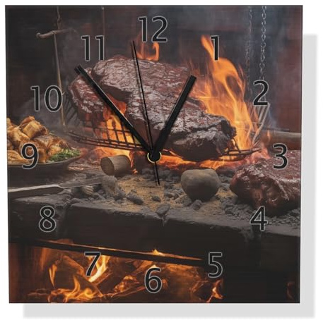 Wallario Design Wanduhr Urige Grillkunst: Steakschmiede aus Aluverbund, Alu-Uhr Größe 30 x 30 cm, Schwarze Zeiger mit Metalloptik
