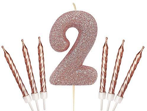 Gadget Giant Rose Gold Number 2 2nd Birthday Cake Sparkling Glitter Candle & 6x Metallic Cake Candles Toppers