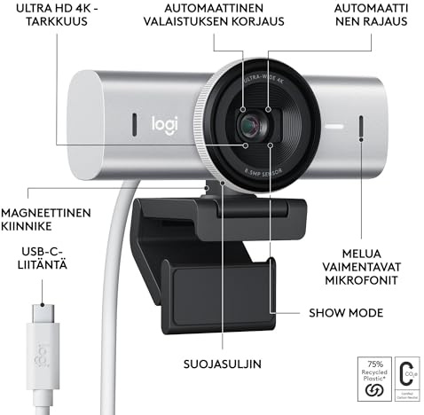 Logitech MX Brio Ultra HD-Webcam mit 4K, Zusammenarbeit/Streaming, 1080p bei 60 FPS, 2 geräuschreduzierende Mikros, USB-C, Webcam-Cover, funktioniert mit Microsoft Teams, Zoom, Google Meet - Hellgrau