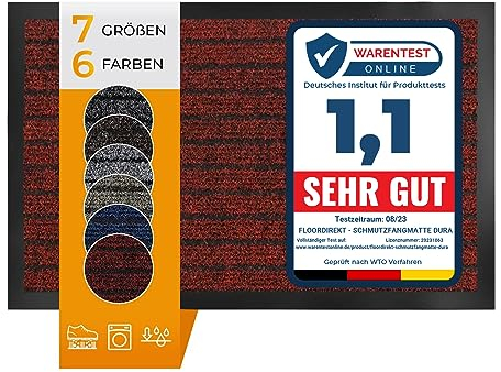 Floordirekt Schmutzfangmatte Dura | Robust & Strapazierfähig | In vielen Größen und Farben | rutschfeste Sauberlaufmatte für Innen und Außen (Rot, 50 x 80 cm)