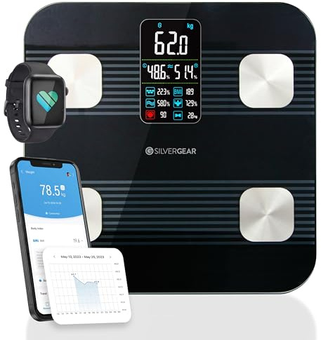 Silvergear® Balance Connectée | Pèse Personne Impédancemètre avec App | Analyse avec Graisse Corporelle, IMC, Masse, Musculaire, Poids Osseux, BMR et Fréquence Cardiaque | IOS et Android