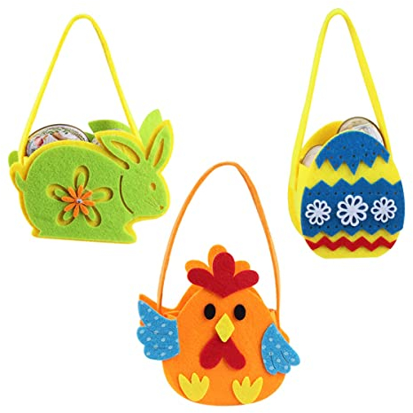 XiXiRan Panier de Pâques en Feutre Lapin, Poussin, Oeuf, 3pcs, Beige, Rond, Décoratif, Sacs Cadeaux pour Enfants et Adultes