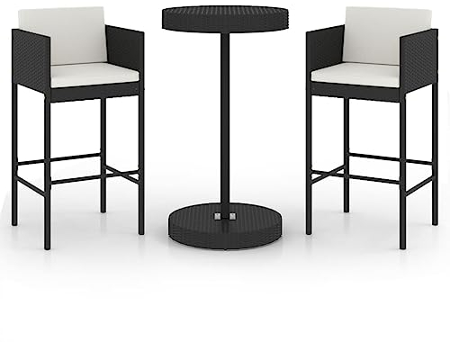vidaXL Gartenbar Set 3-TLG. mit Kissen Theke Bar Tresen Gartentheke Bartisch Stehtisch Barhocker Barstuhl Gartenmöbel Poly Rattan Schwarz