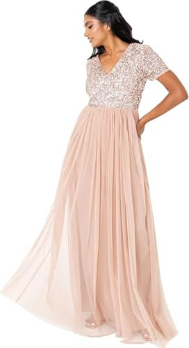 Maya Deluxe Women's Ladies Dress for Wedding Guest Plus Size Empire High Waist Sequins Short Sleeve Evening Bridesmaid, Taupe Blush, 24