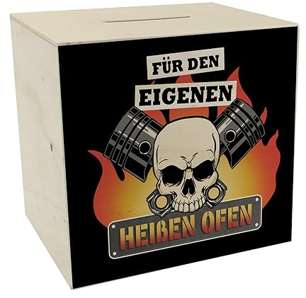 Für den eigenen heißen Ofen Spardose aus Holz mit Totenkopf und Kolben als Coole Geschenkidee für echte Biker um auf EIN neues Fahrzeug oder Zubehör zu sparen