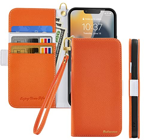 Butnyeoe Handyhülle für iPhone 13 mini Klappbar Hülle,Litschi Textur Leder Wallet Schutzhülle Tasche Flip Cover Case,Magnetic Closure Klapphülle mit Kartenfach Standfunktion,Orange